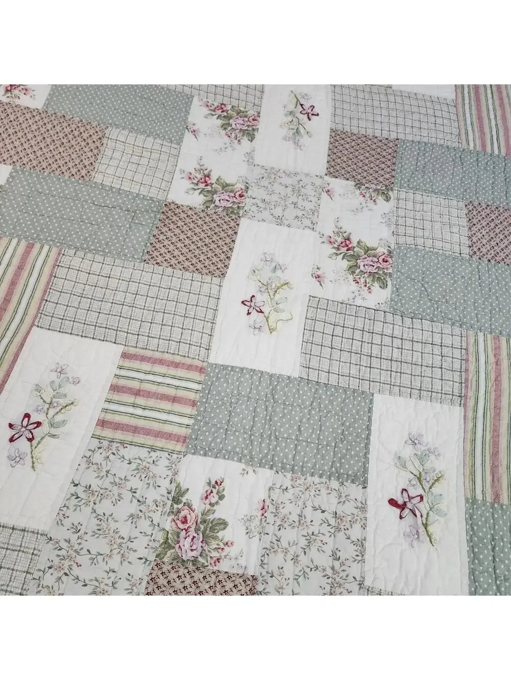 Ribbon Embroidery Cottage Patchwork Quilt Light Greens Pinks Reds Twin